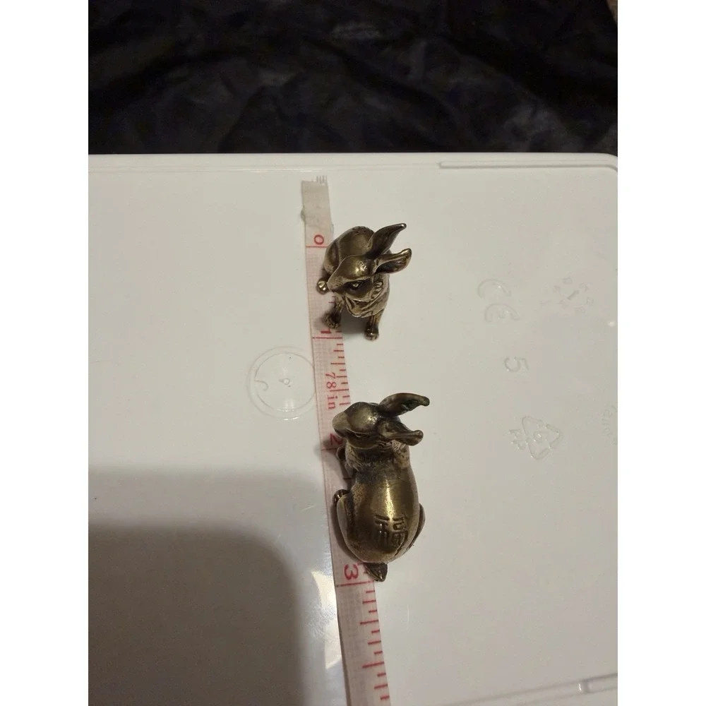 Pair Of Vintage Small Cast Brass Oriental Lucky Rabbit‎ Hares  Trinket Figurine